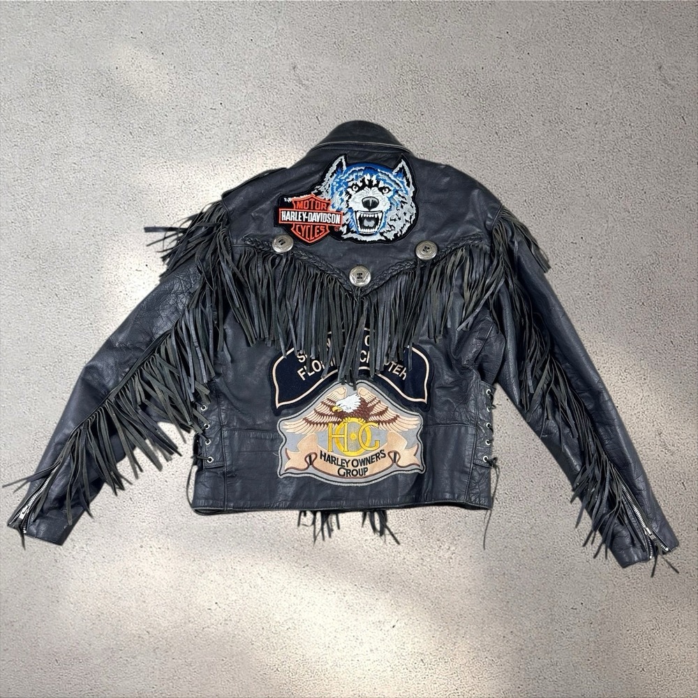 Vintage Shaf Front Leather Biker Jacket Size 46 Harley Patches Motorcycle Club - Picture 4 of 12